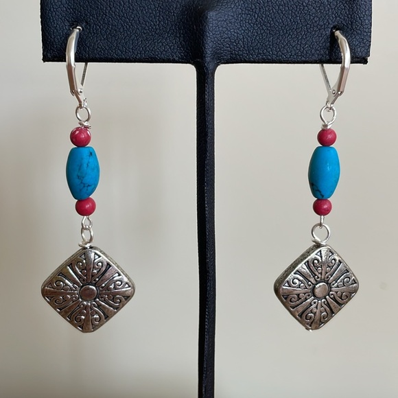 HAND CRAFTED EARRINGS with Turquoise, Red and Silver - Picture 6 of 12
